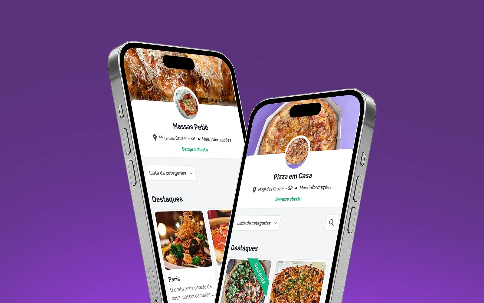 Dois celulares mostrando cardápios digitais de restaurantes